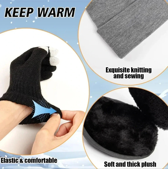 Scarf and Gloves Set - Knitted Winter Warmer Set, Winter Gloves Plaid Scarf Bean - Picture 3 of 6